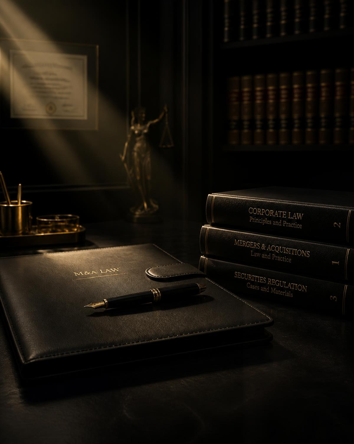 Mesa de escritório de advocacia com livros jurídicos e caneta sob luz dourada